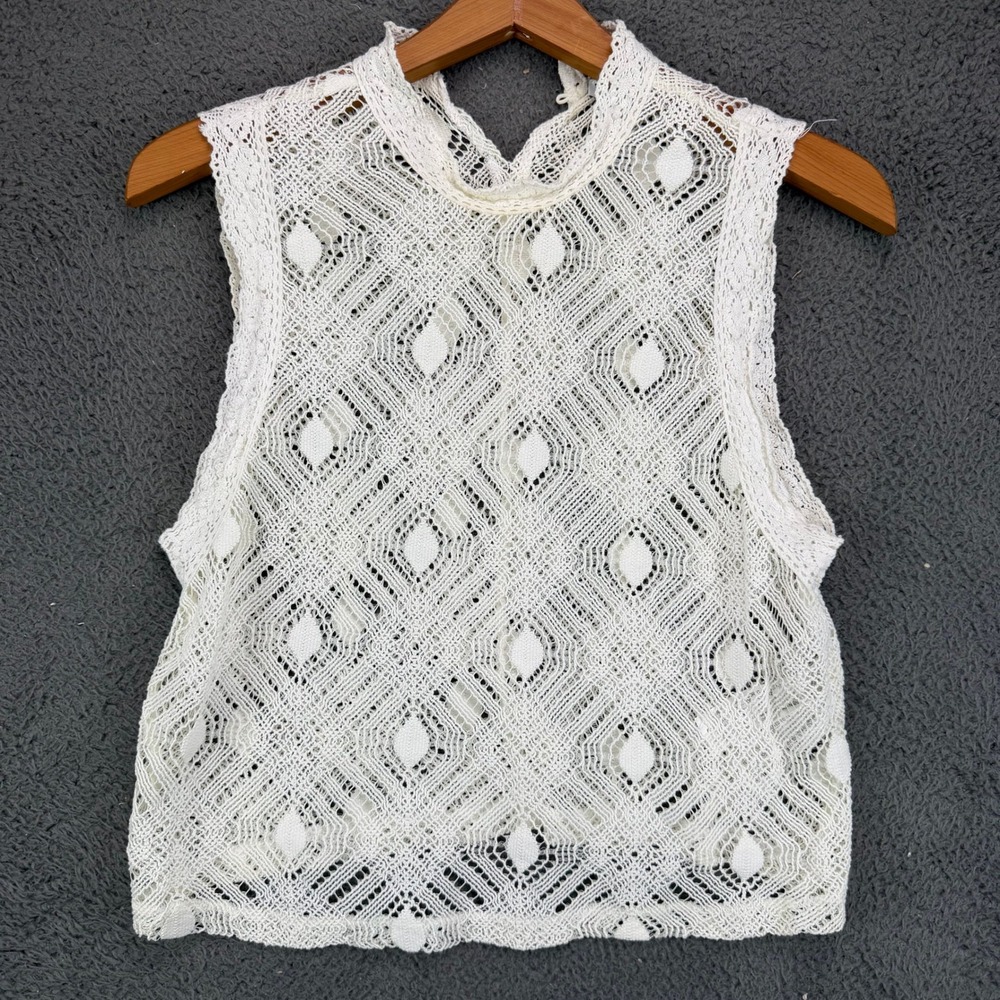 Zara Womens Medium White Crochet Lace Sleeveless Mock Neck Boho Crop Top Tank